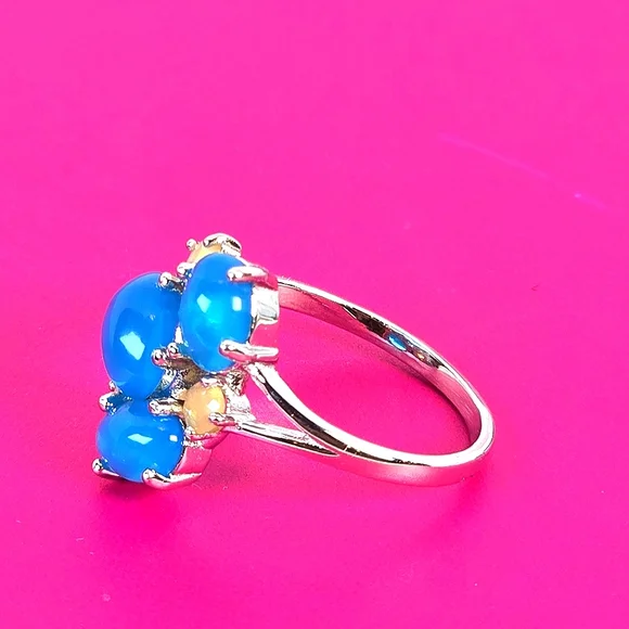 925 Sterling Silver Ring with Natural Oval Blue Opal 8x6mm & Fire Opal Gemstones - Picture 13 of 14